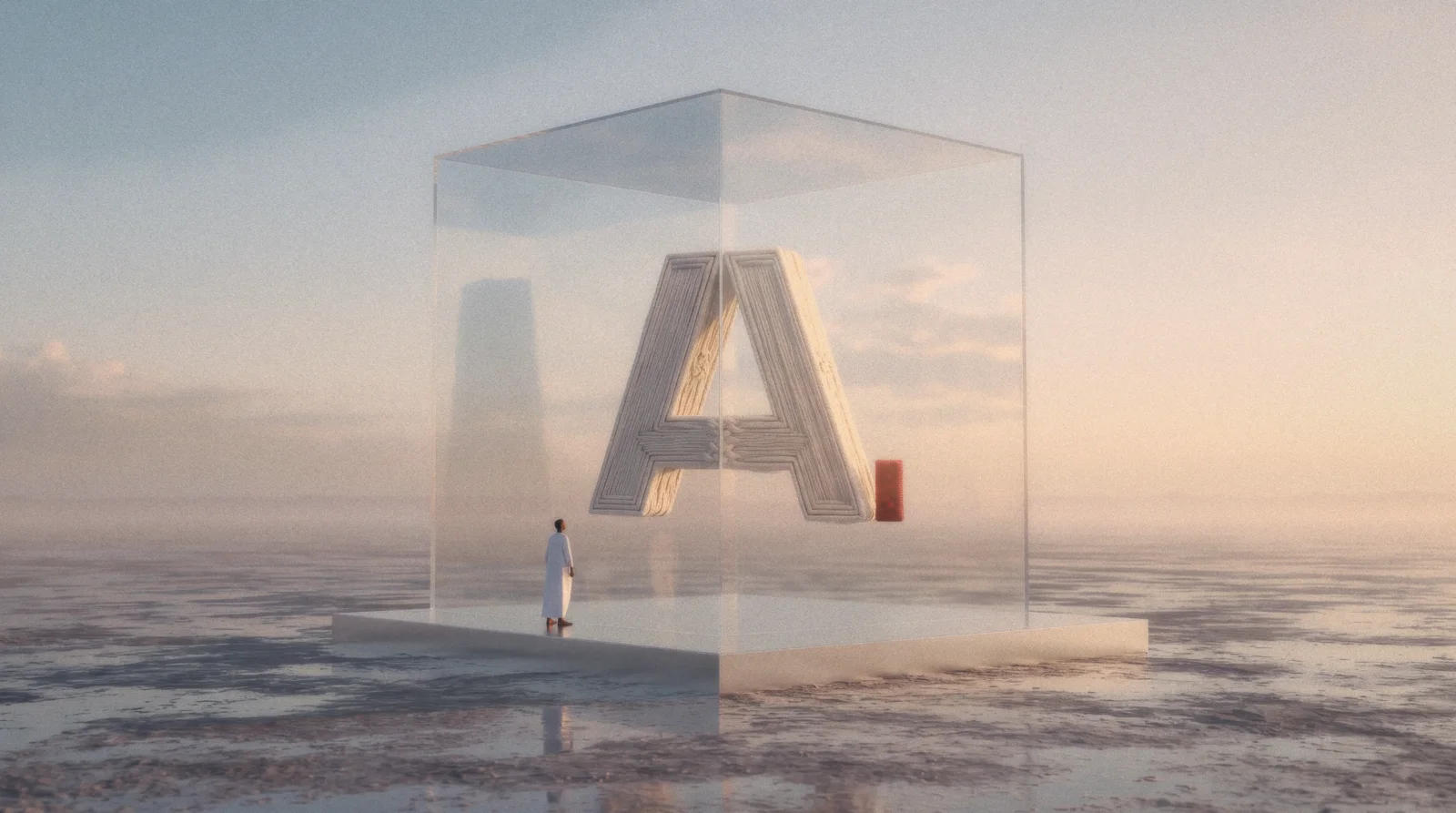 AUTR glass cube above a tidal shoreline