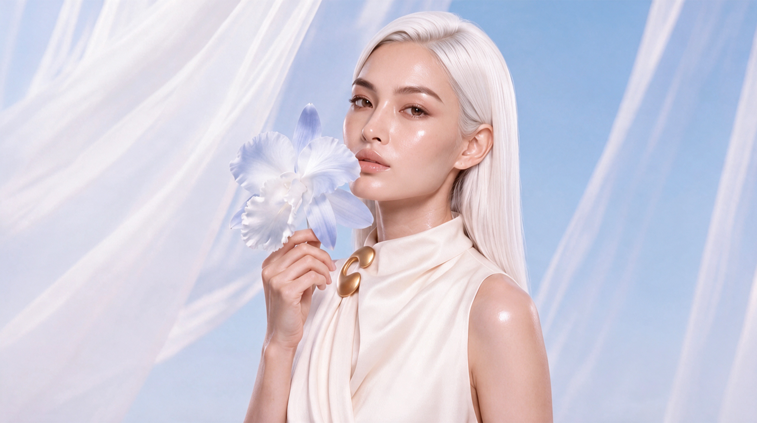 The silver-haired muse among luminous orchids