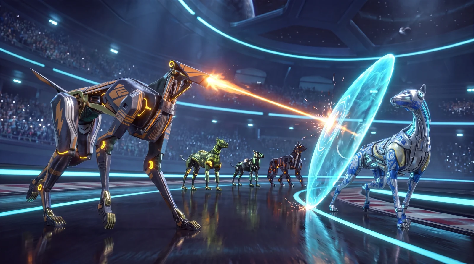 Cyber dogs racing in a neon arena